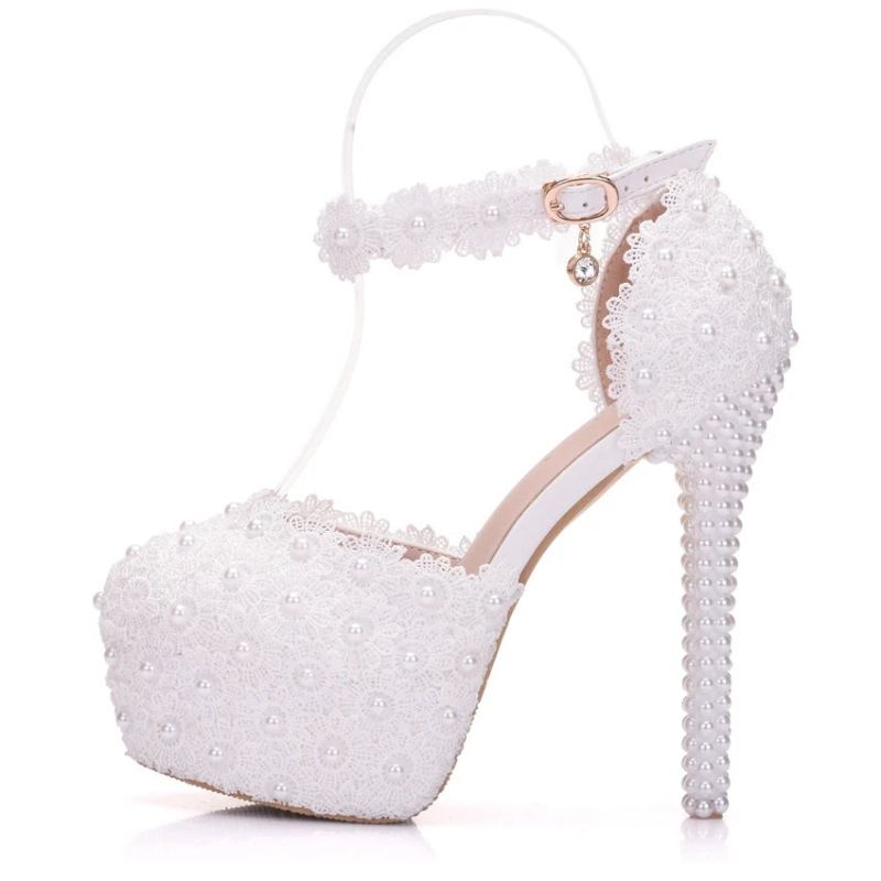 Crystal Queen – Escarpins De Mariée En Dentelle Blanche Talons Hauts De 14cm Bout Rond Lanières À La Cheville Sandales Pour Femmes Chaussures De Demoiselle D'honneur - Blanc