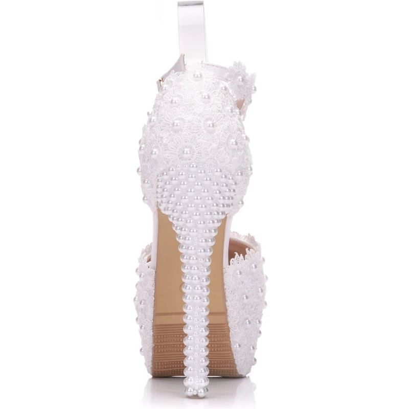 Crystal Queen – Escarpins De Mariée En Dentelle Blanche Talons Hauts De 14cm Bout Rond Lanières À La Cheville Sandales Pour Femmes Chaussures De Demoiselle D'honneur - Blanc