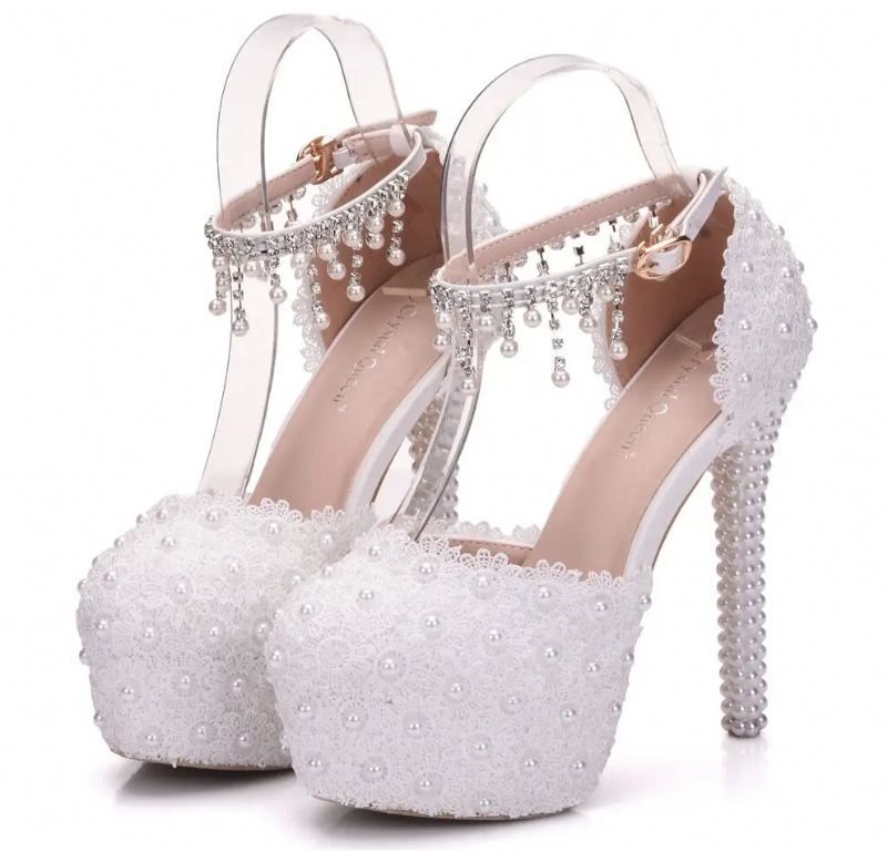 Crystal Queen – Escarpins De Mariée En Dentelle Blanche Talons Hauts De 14cm Bout Rond Lanières À La Cheville Sandales Pour Femmes Chaussures De Demoiselle D'honneur - Blanc