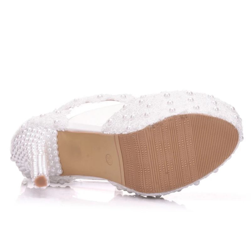 Crystal Queen – Escarpins De Mariée En Dentelle Blanche Talons Hauts De 14cm Bout Rond Lanières À La Cheville Sandales Pour Femmes Chaussures De Demoiselle D'honneur - Blanc