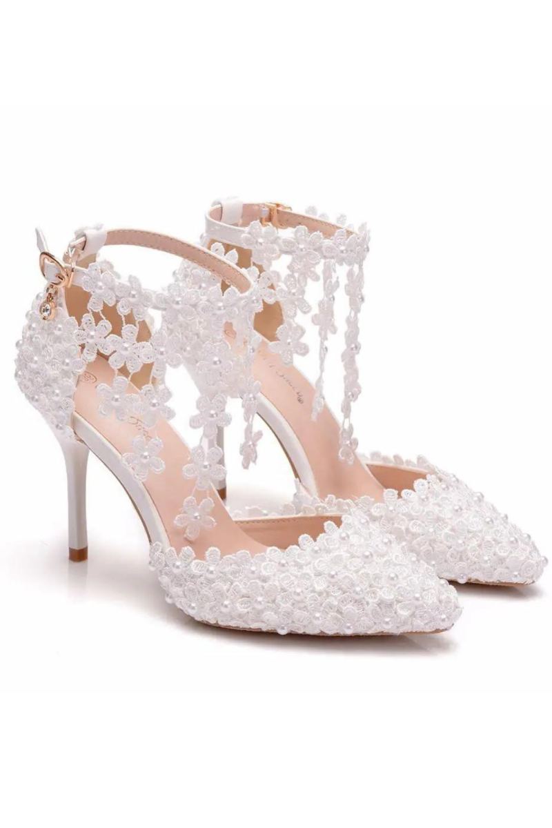 Crystal Queen – Sandales À Bout Pointu Avec Strass Pour Femmes Talons Hauts Fleur Lanière À La Cheville Décoration De Perles Chaussures De Fête De Mariage