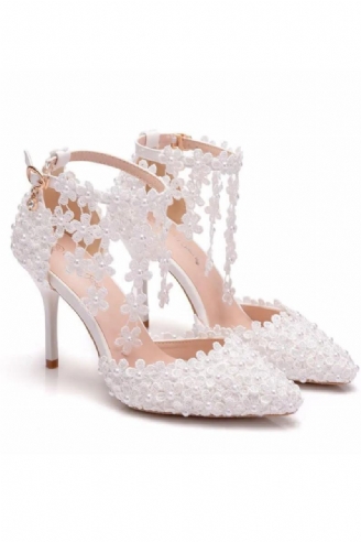 Crystal Queen – Sandales À Bout Pointu Avec Strass Pour Femmes Talons Hauts Fleur Lanière À La Cheville Décoration De Perles Chaussures De Fête De Mariage