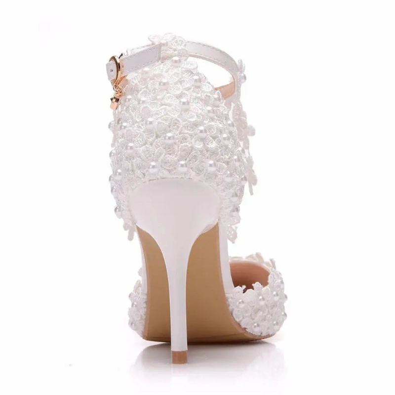 Crystal Queen – Sandales À Bout Pointu Avec Strass Pour Femmes Talons Hauts Fleur Lanière À La Cheville Décoration De Perles Chaussures De Fête De Mariage - Blanc