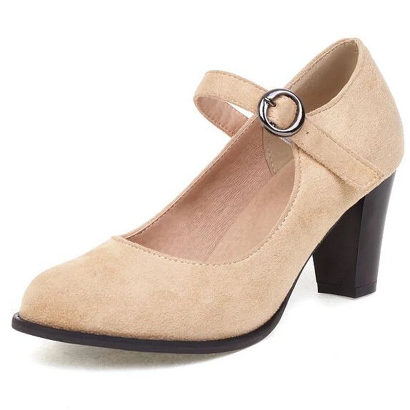 Escarpins À Bout Rond Pour Femmes Talons Bloc Sangle À Boucle Floquée Élégants Solides - Beige