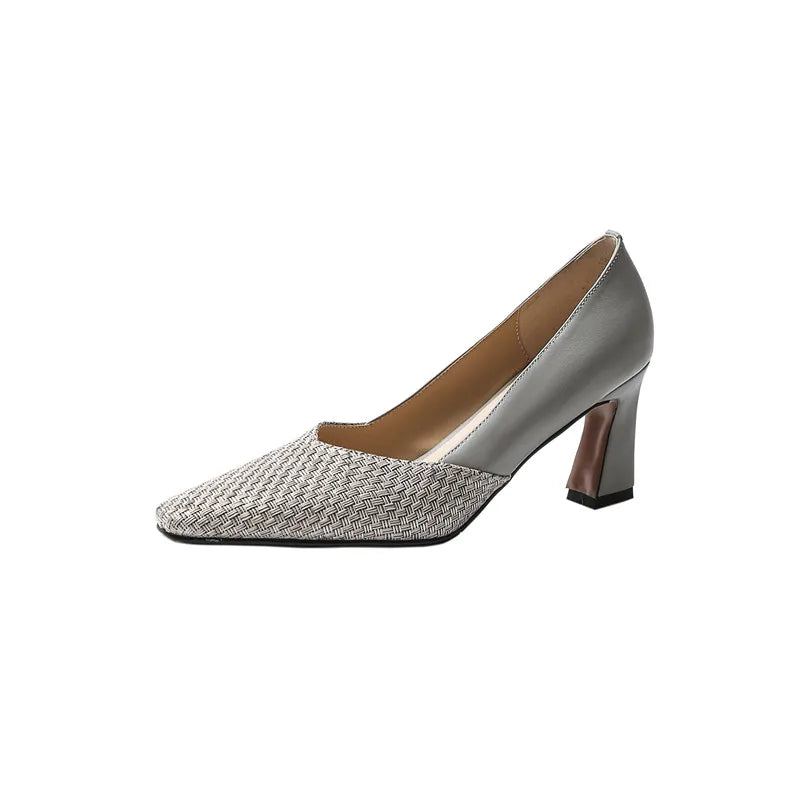 Escarpins D'été En Cuir Véritable Pour Femmes Chaussures De Fête De Mariage Talons Épais Bout Carré À Hauts Dames - Gris