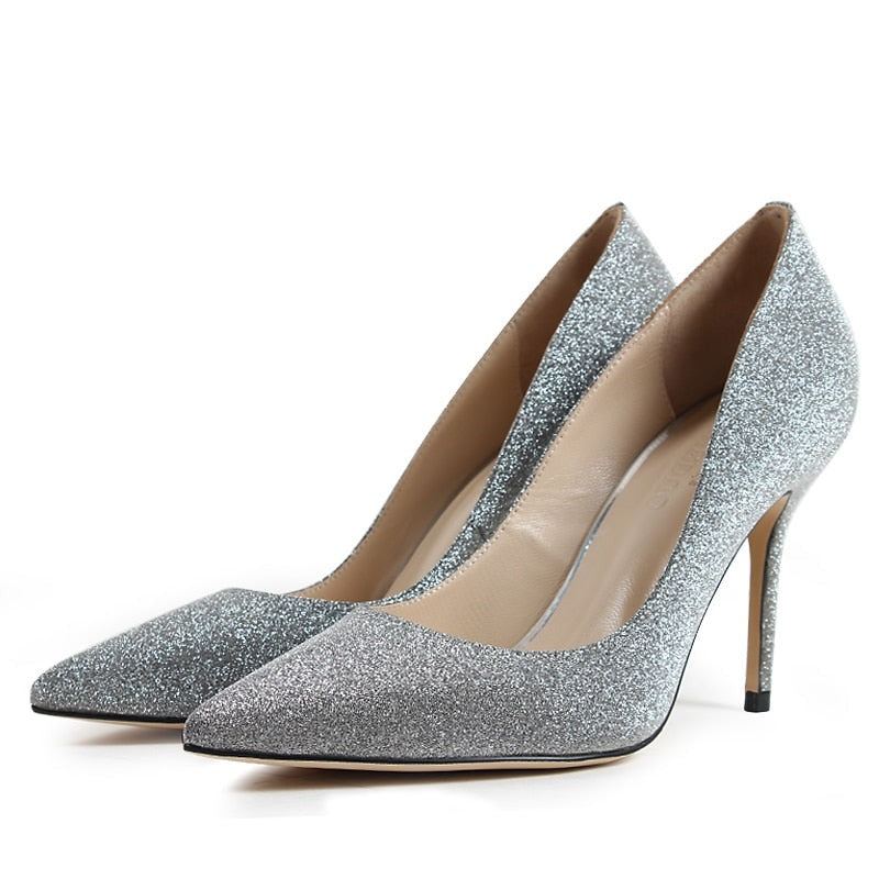 Escarpins De Mariage Argentés Pour Femmes Chaussures À Talons Hauts Solides Faites À La Main Bout Pointu Talon Fin En Satin - 9 Cm - Bleu