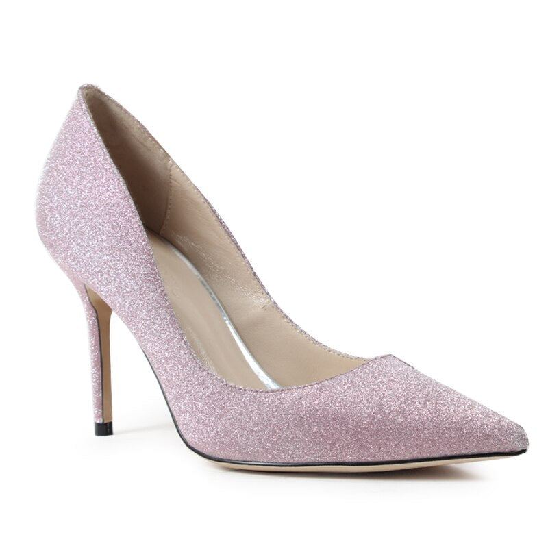 Escarpins De Mariage Argentés Pour Femmes Chaussures À Talons Hauts Solides Faites À La Main Bout Pointu Talon Fin En Satin - 9 Cm - Bleu