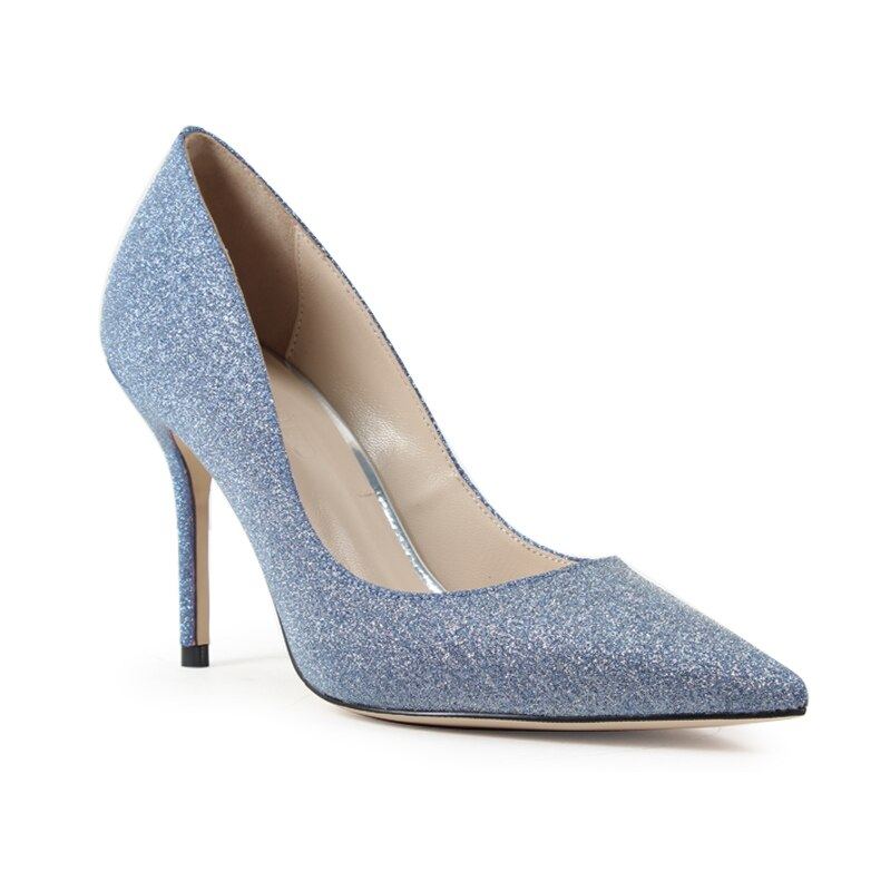 Escarpins De Mariage Argentés Pour Femmes Chaussures À Talons Hauts Solides Faites À La Main Bout Pointu Talon Fin En Satin - 9 Cm - Bleu