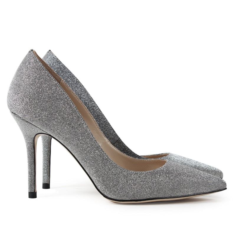 Escarpins De Mariage Argentés Pour Femmes Chaussures À Talons Hauts Solides Faites À La Main Bout Pointu Talon Fin En Satin - 9 Cm - Bleu