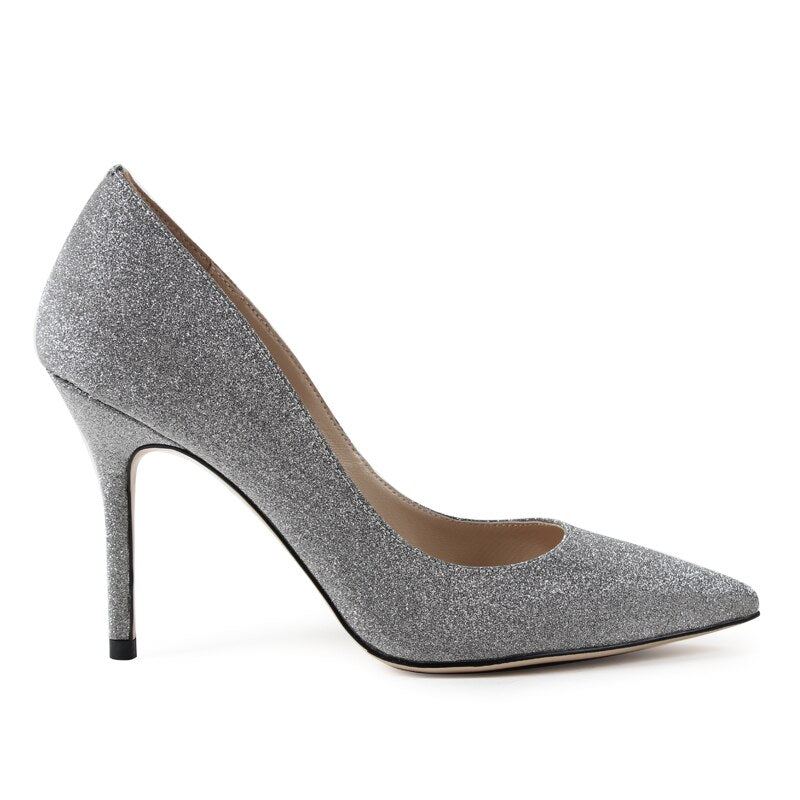 Escarpins De Mariage Argentés Pour Femmes Chaussures À Talons Hauts Solides Faites À La Main Bout Pointu Talon Fin En Satin - 9 Cm - Bleu