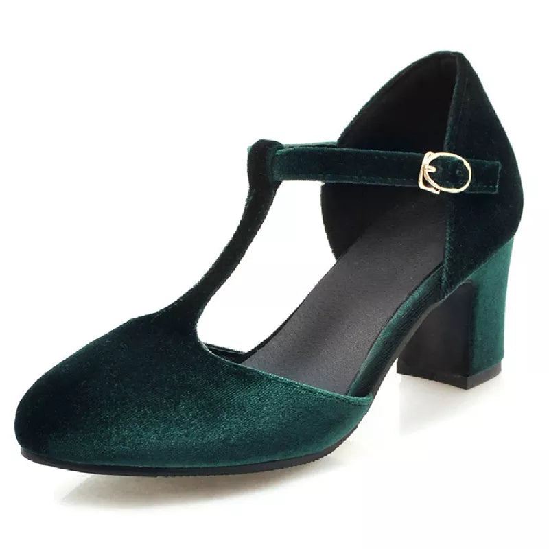 Escarpins Mary Janes En Velours Pour Femmes Chaussures À Talons Rouges Et Verts Fête Mariage Bureau Dames - Noir