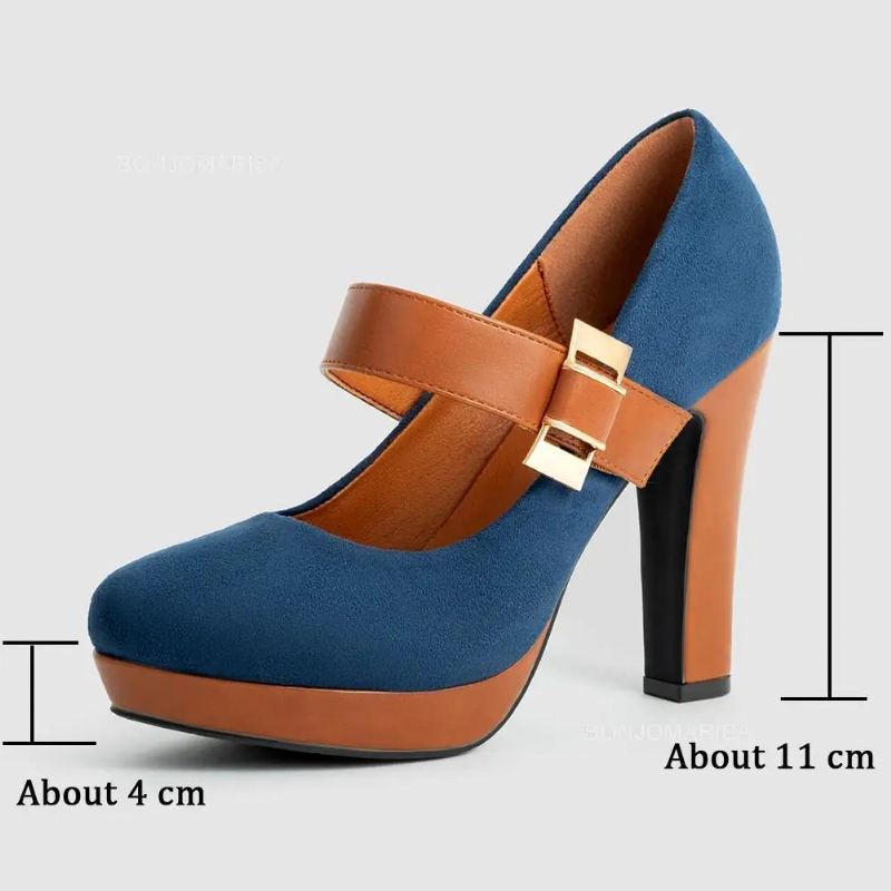 Escarpins À Talons Hauts Et Bout Rond Pour Femmes Chaussures De Style Rétro Avec Boucle Plateforme Bloc Bureau Confortables - Noir