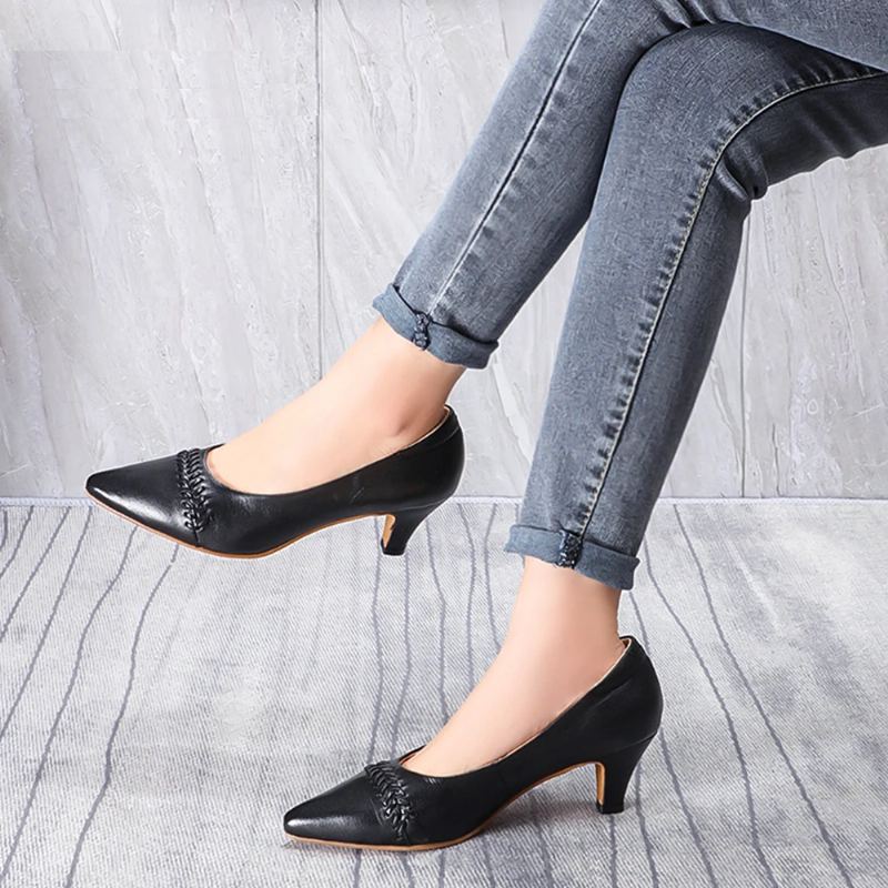 Femmes Chaton Talon Bout Pointu Robe Pompe À La Main En Cuir Véritable Bureau Talons Hauts Dames Chaussures - Noir