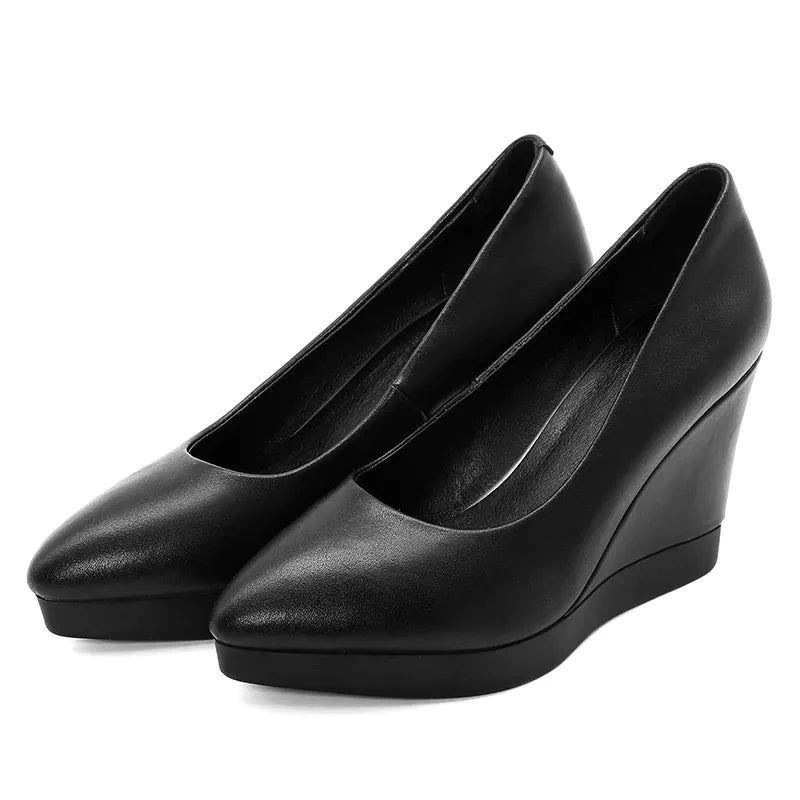 Femmes Chaussures Talons Compensés En Cuir Véritable Pompes Printemps Été De Bureau Femme - Noir