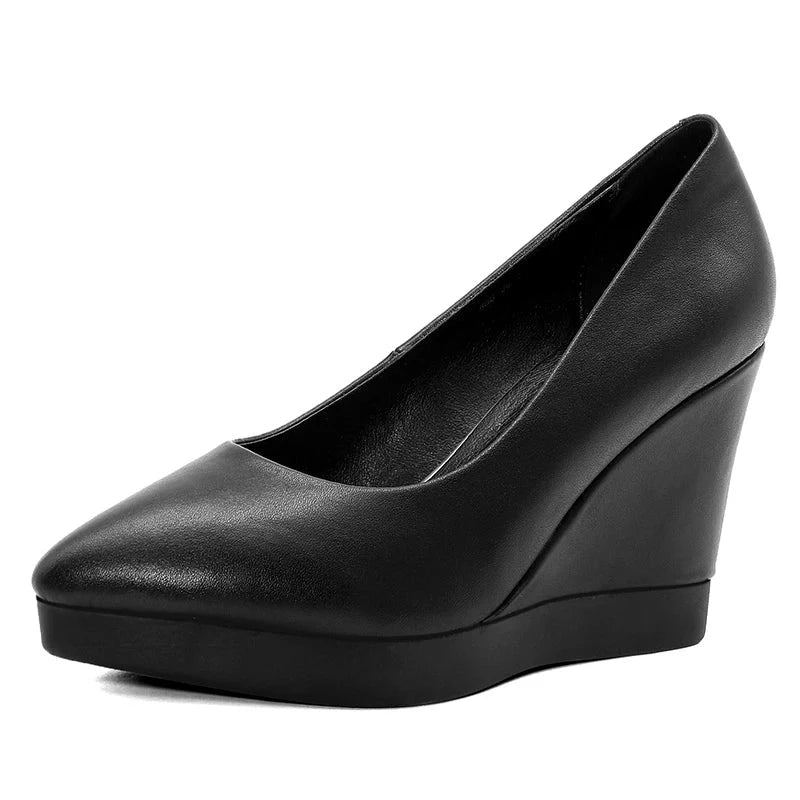 Femmes Chaussures Talons Compensés En Cuir Véritable Pompes Printemps Été De Bureau Femme - Noir