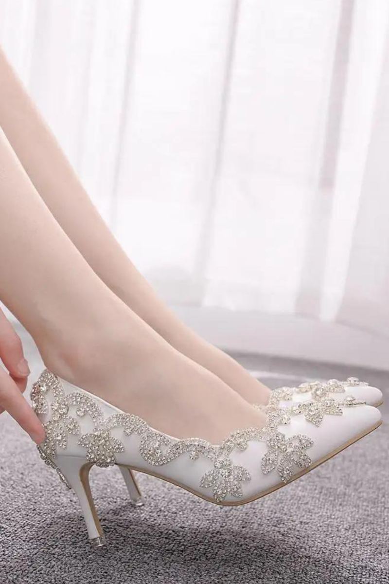 Femmes Chaussures Talons Hauts Mariage Mince 7cm Diamant Blanc Scintillant Robe De Soirée Pompes De Mariée