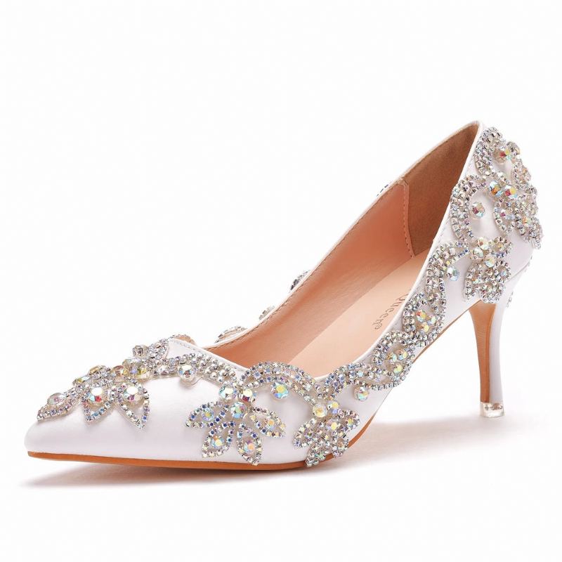 Femmes Chaussures Talons Hauts Mariage Mince 7cm Diamant Blanc Scintillant Robe De Soirée Pompes De Mariée - Blanc