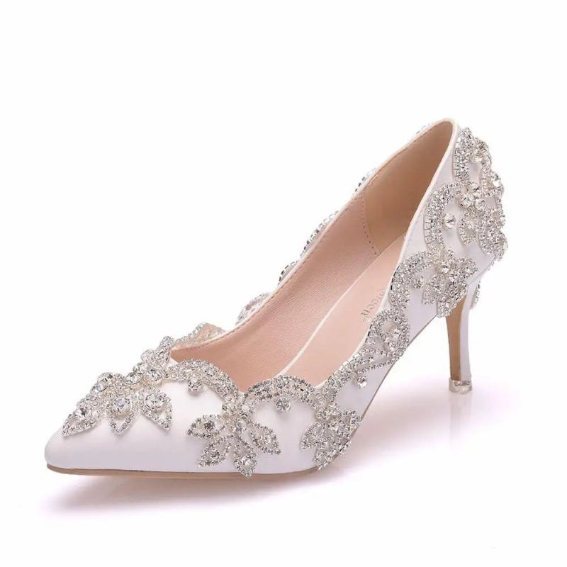 Femmes Chaussures Talons Hauts Mariage Mince 7cm Diamant Blanc Scintillant Robe De Soirée Pompes De Mariée - Blanc