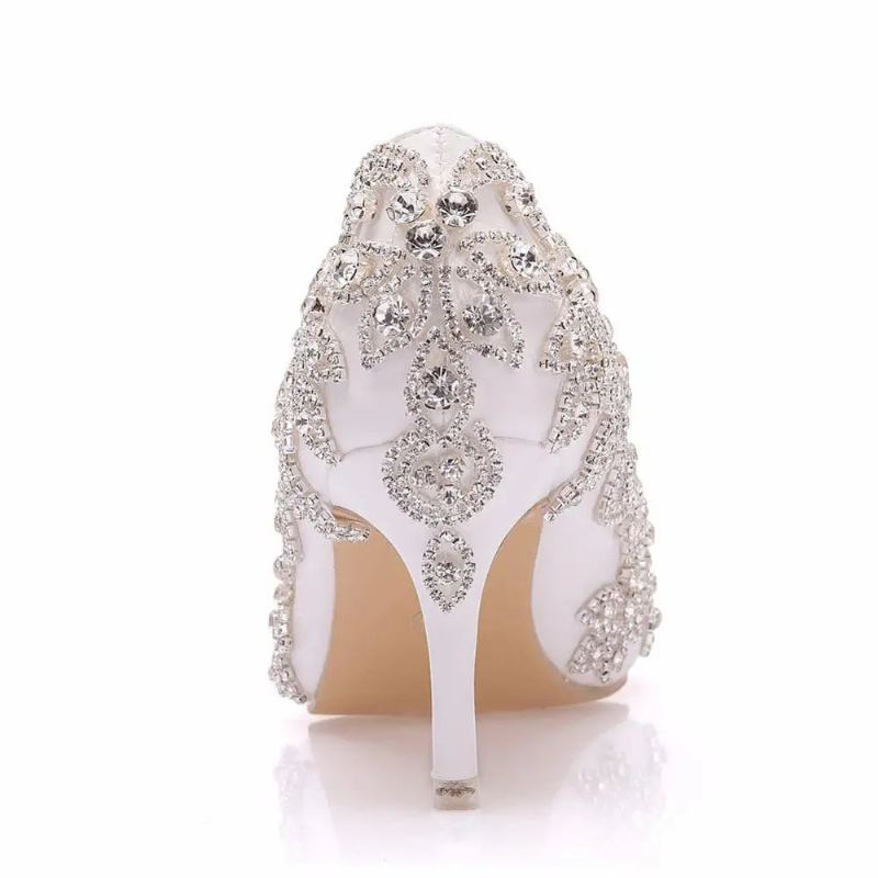 Femmes Chaussures Talons Hauts Mariage Mince 7cm Diamant Blanc Scintillant Robe De Soirée Pompes De Mariée - Blanc