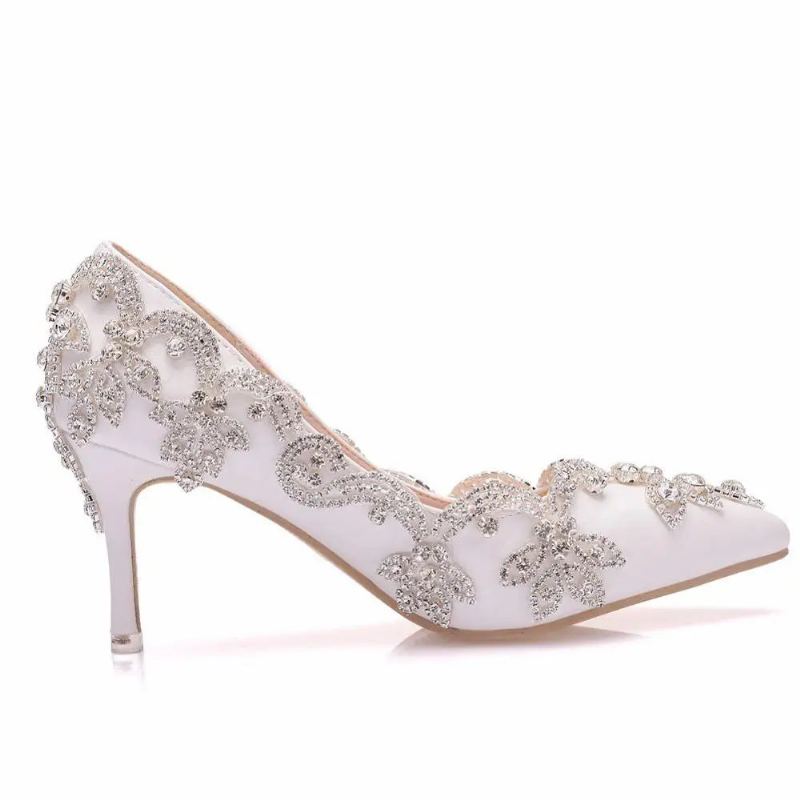 Femmes Chaussures Talons Hauts Mariage Mince 7cm Diamant Blanc Scintillant Robe De Soirée Pompes De Mariée - Blanc