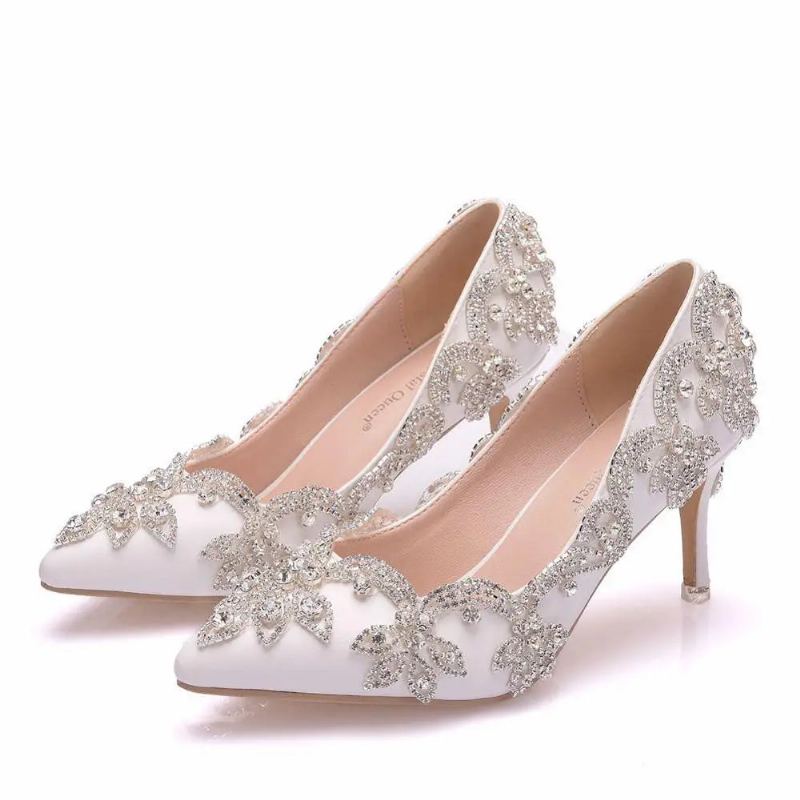 Femmes Chaussures Talons Hauts Mariage Mince 7cm Diamant Blanc Scintillant Robe De Soirée Pompes De Mariée - Blanc