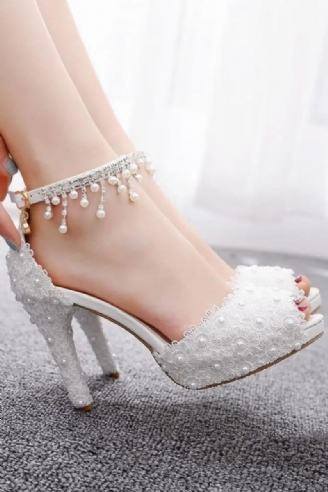 Femmes Dentelle Plate-forme Sandales Talons Hauts Imperméable Femme Blanc Chaussures De Mariage Bout Pointu Peep