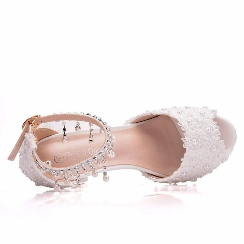 Femmes Dentelle Plate-forme Sandales Talons Hauts Imperméable Femme Blanc Chaussures De Mariage Bout Pointu Peep - Blanc