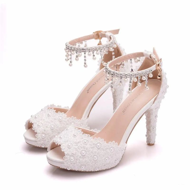 Femmes Dentelle Plate-forme Sandales Talons Hauts Imperméable Femme Blanc Chaussures De Mariage Bout Pointu Peep - Blanc