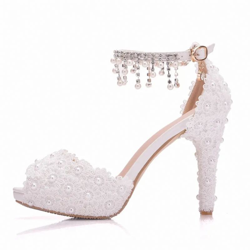 Femmes Dentelle Plate-forme Sandales Talons Hauts Imperméable Femme Blanc Chaussures De Mariage Bout Pointu Peep - Blanc