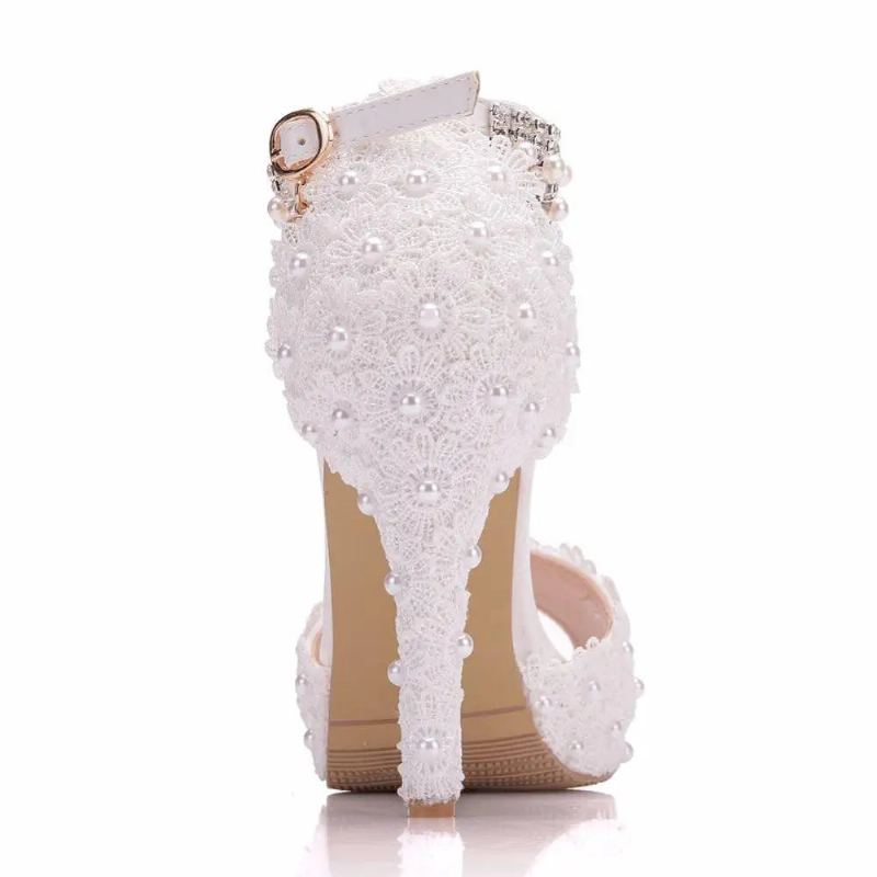 Femmes Dentelle Plate-forme Sandales Talons Hauts Imperméable Femme Blanc Chaussures De Mariage Bout Pointu Peep - Blanc