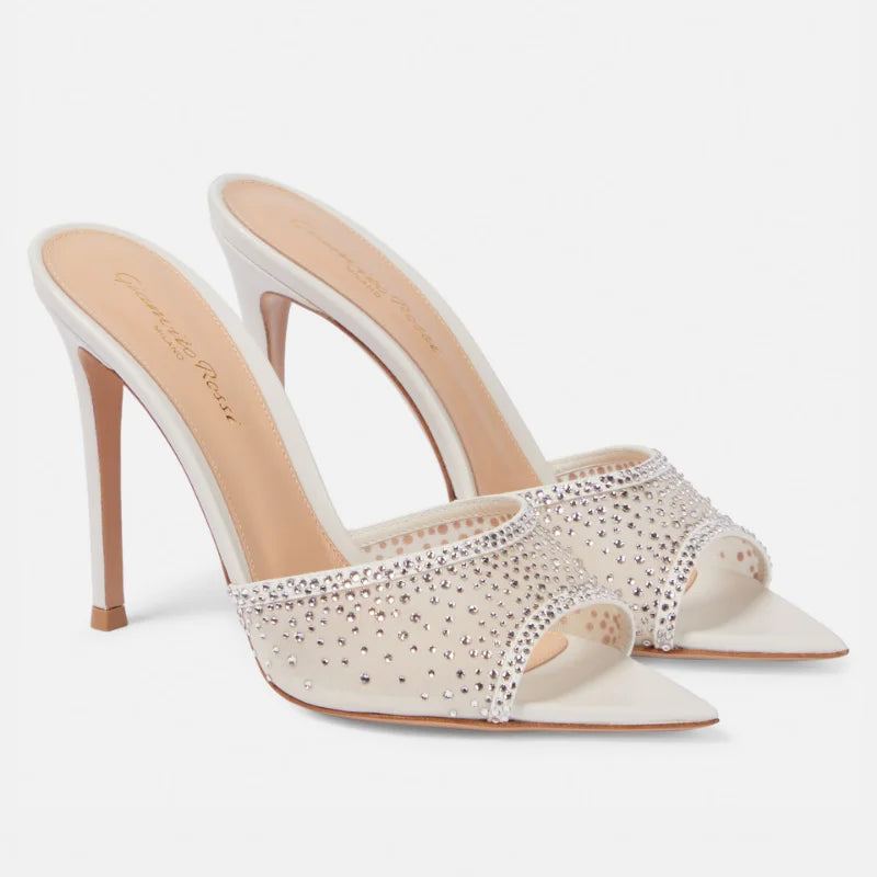 Femmes Strass Pantoufles Talons Aiguilles Tongs Femme Bout Ouvert Pointu Diapositives Chaussures De Fête - Blanc