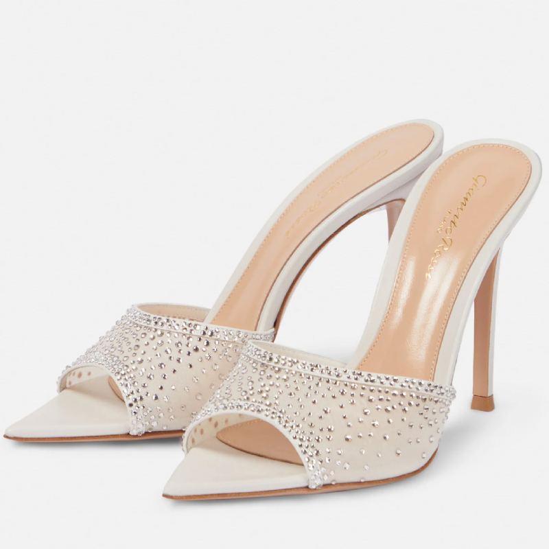 Femmes Strass Pantoufles Talons Aiguilles Tongs Femme Bout Ouvert Pointu Diapositives Chaussures De Fête - Blanc