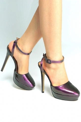 Sandales En Cuir Verni Violet Pour Femme Escarpins À Bout Pointu Lanière À La Cheville Chaussures À Talons Hauts Intrigue D'été