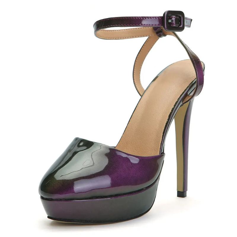 Sandales En Cuir Verni Violet Pour Femme Escarpins À Bout Pointu Lanière À La Cheville Chaussures À Talons Hauts Intrigue D'été - Violet