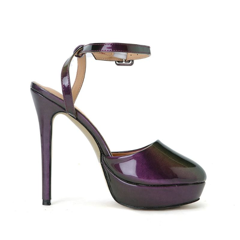 Sandales En Cuir Verni Violet Pour Femme Escarpins À Bout Pointu Lanière À La Cheville Chaussures À Talons Hauts Intrigue D'été - Violet