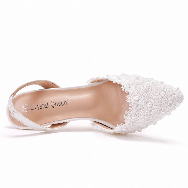 Sandales De Mariage À Talons Hauts De 7cm Pour Femmes Chaussures D'été Élégantes De Styliste De Soirée En Dentelle Blanche Peu Profonde - Blanc