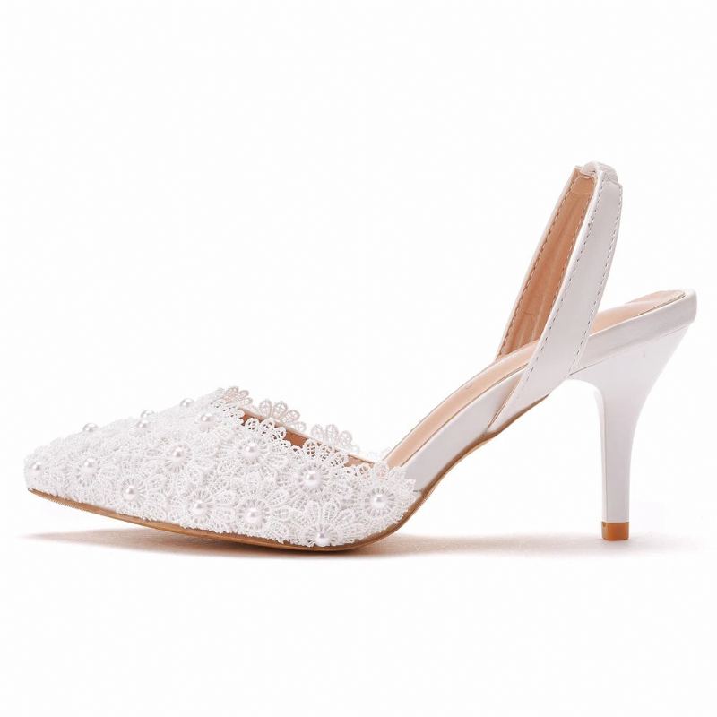 Sandales De Mariage À Talons Hauts De 7cm Pour Femmes Chaussures D'été Élégantes De Styliste De Soirée En Dentelle Blanche Peu Profonde - Blanc