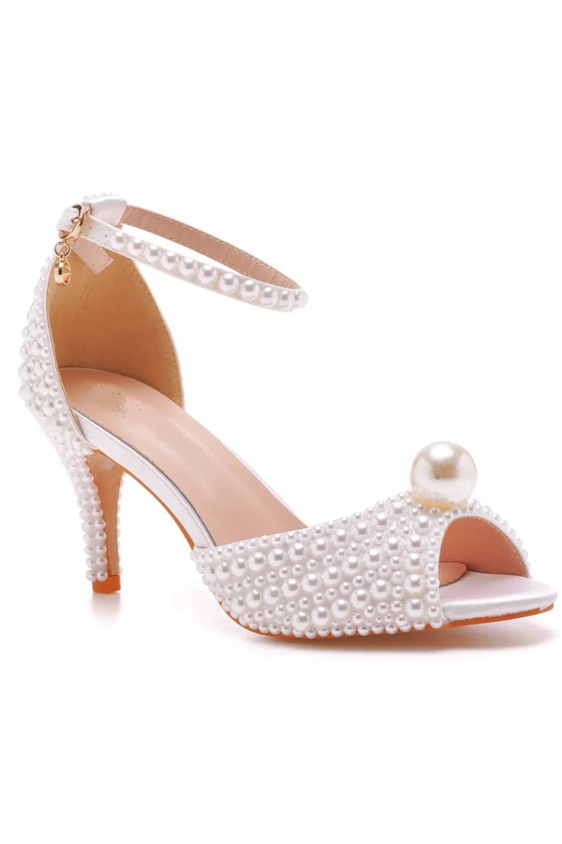 Sandales En Perles Blanches Pour Femmes Bout Ouvert Talons Hauts Chaussures De Mariage De Luxe Robe De Banquet