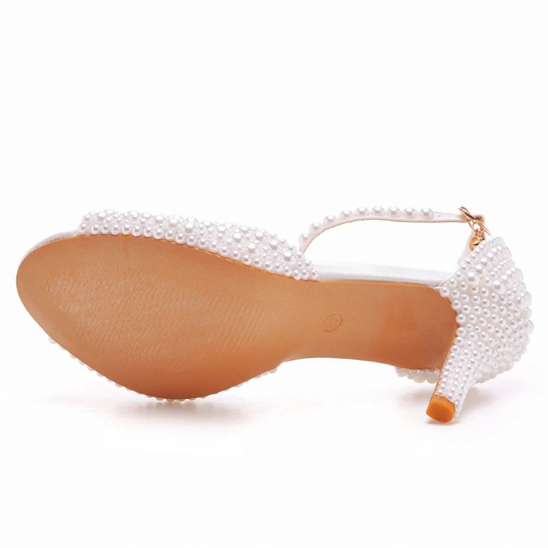 Sandales En Perles Blanches Pour Femmes Bout Ouvert Talons Hauts Chaussures De Mariage De Luxe Robe De Banquet - Blanc