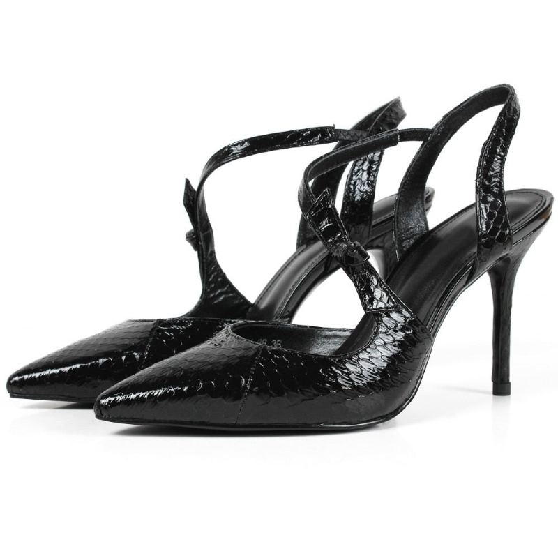 Été Nouvelles Femmes Sandales À Talons Hauts Bout Pointu Peau De Serpent Chaussures Noires Dames Fête De Mariage À La Main - Noir 9Cm