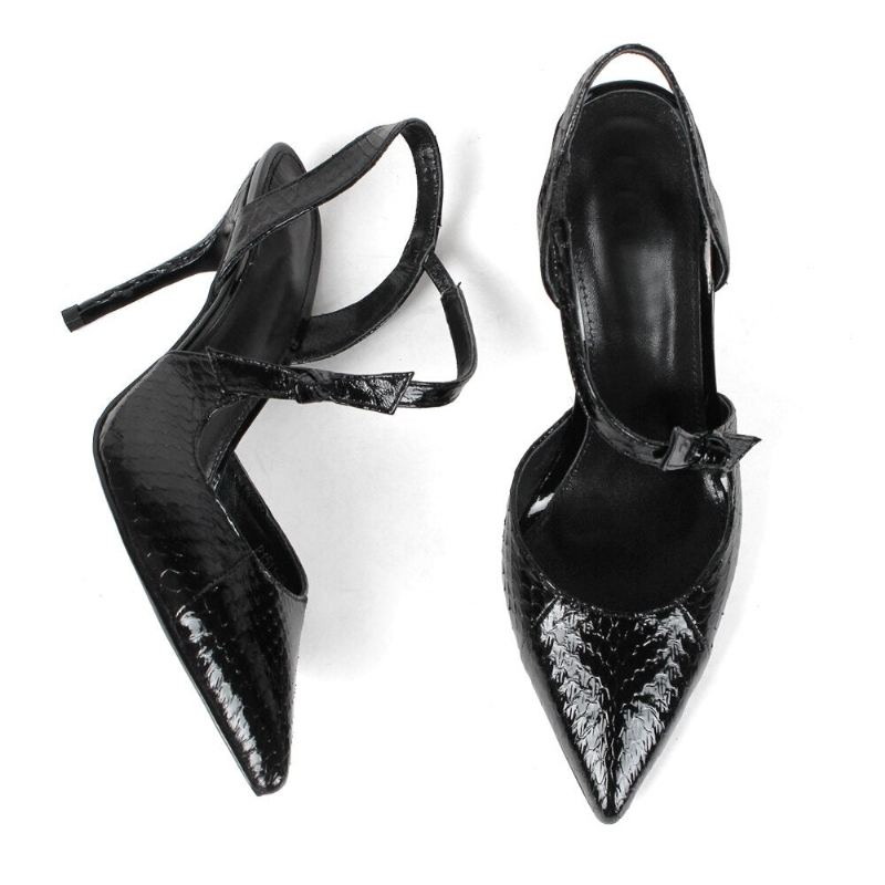 Été Nouvelles Femmes Sandales À Talons Hauts Bout Pointu Peau De Serpent Chaussures Noires Dames Fête De Mariage À La Main - Noir 9Cm