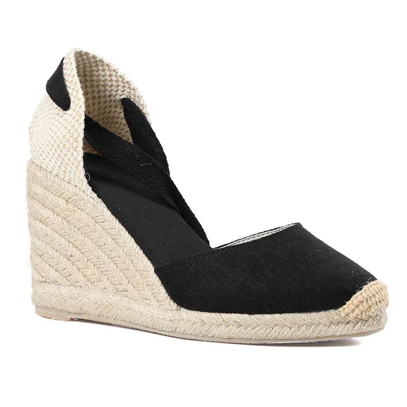 Femmes Été Espadrille Talon Sandales Compensées Bout Fermé Chaussure À Lacets Croisés - 9 Cm Noir