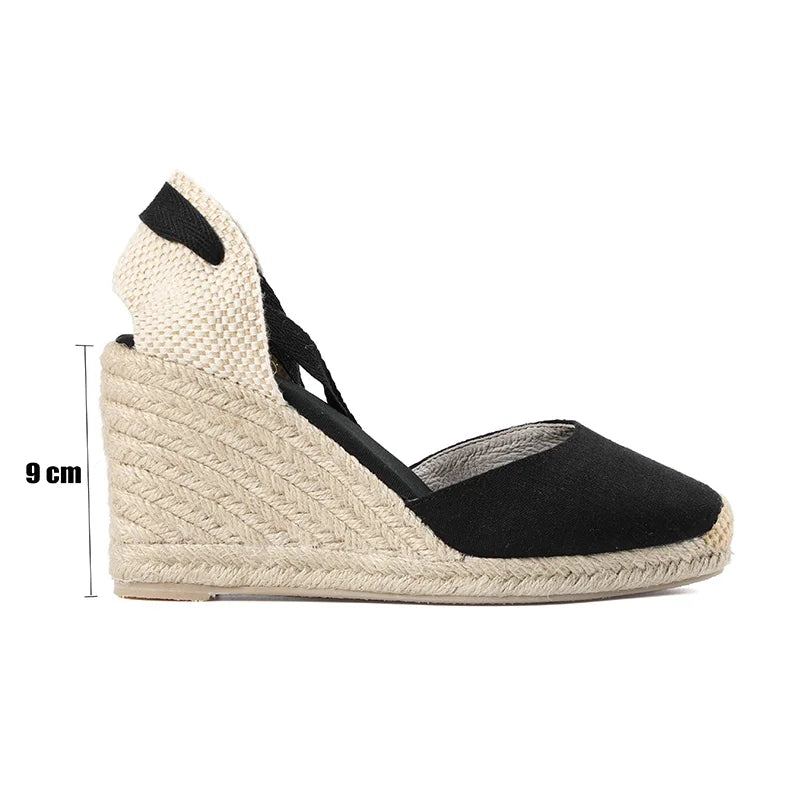 Femmes Été Espadrille Talon Sandales Compensées Bout Fermé Chaussure À Lacets Croisés - 9 Cm Noir