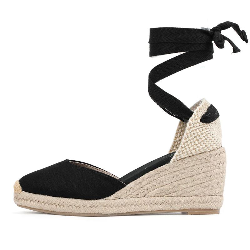 Femmes Été Espadrille Talon Sandales Compensées Bout Fermé Chaussure À Lacets Croisés - 9 Cm Noir