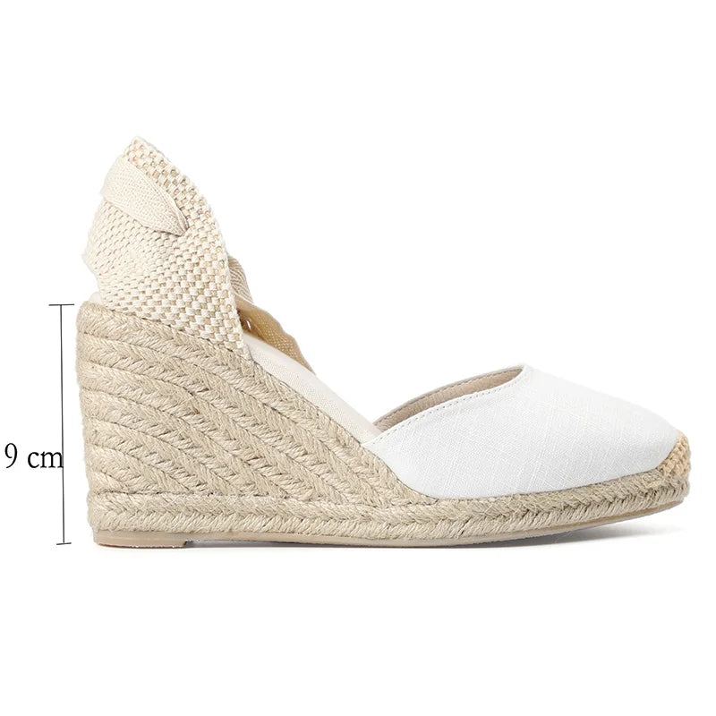 Femmes Été Espadrille Talon Sandales Compensées Bout Fermé Chaussure À Lacets Croisés - 9 Cm Noir