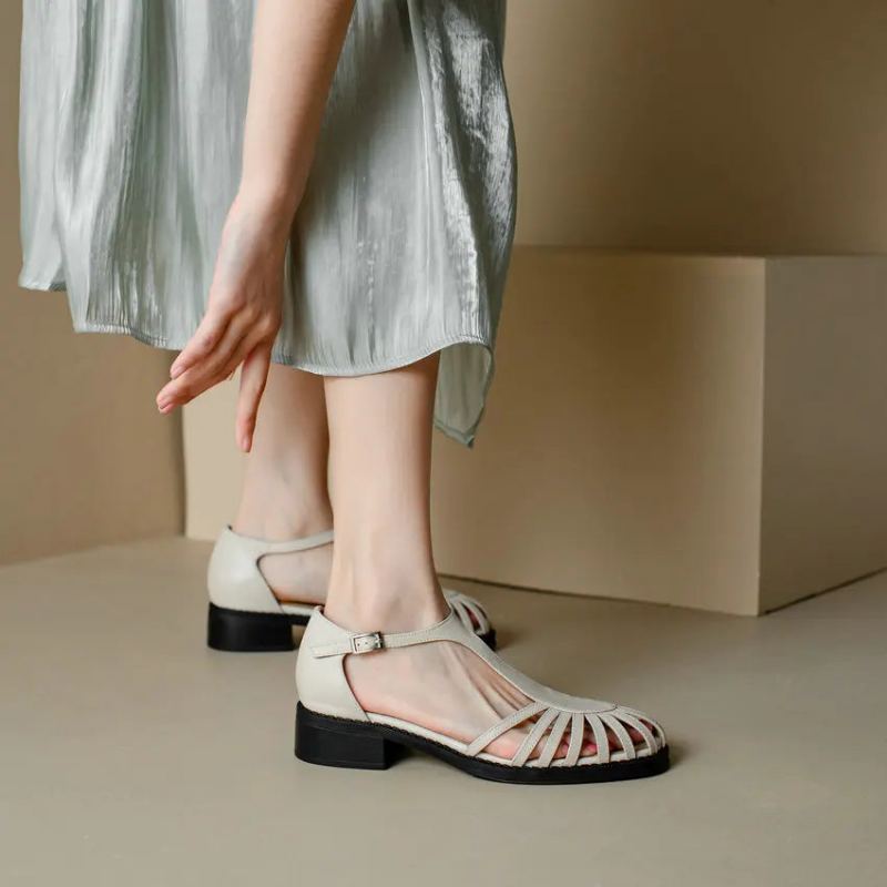 Femmes Sandales Printemps Été En Cuir Véritable Gladiateur Épais Talons Bas Chaussures Femme Fête - Blanc