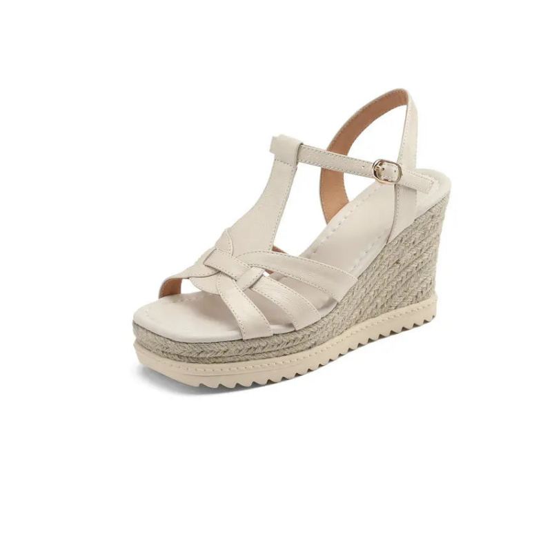 Plates-formes Femmes Sandales Coin Talon Haut En Cuir Véritable Style Décontracté Chaussures De Plein Air Femme Été - Beige