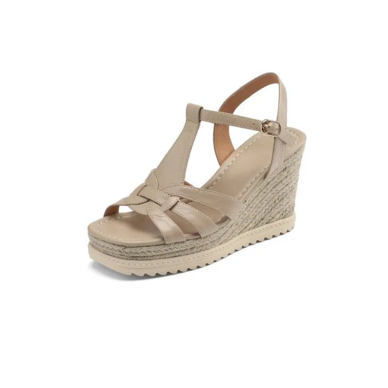 Plates-formes Femmes Sandales Coin Talon Haut En Cuir Véritable Style Décontracté Chaussures De Plein Air Femme Été - Beige