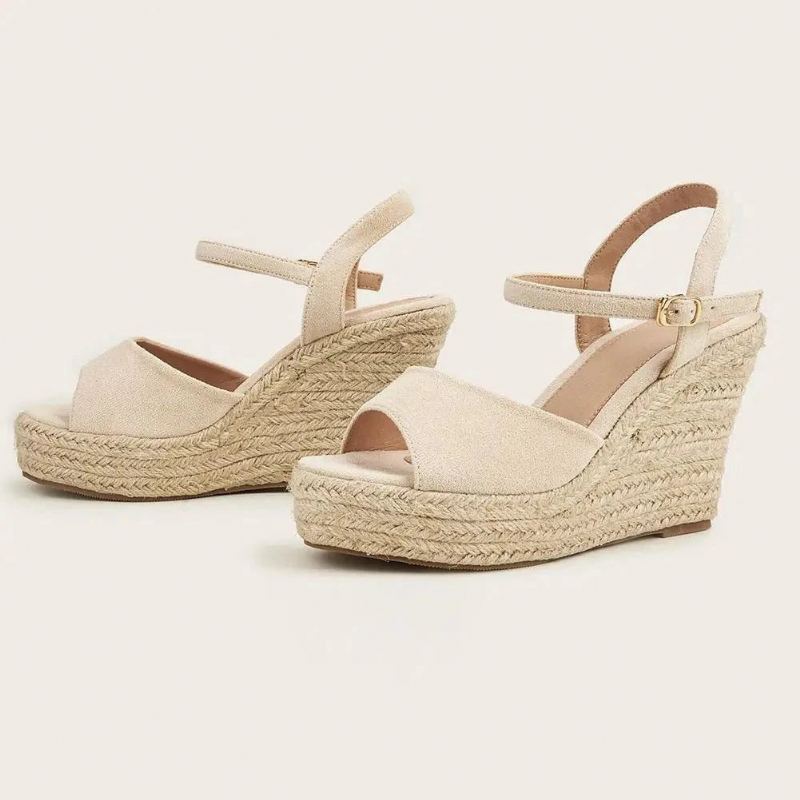 Sandales En Paille Style Européen Rétro À Talons Hauts Compensés Chaussures Simples Pour Femmes Une Boucle Printemps Été - Abricot