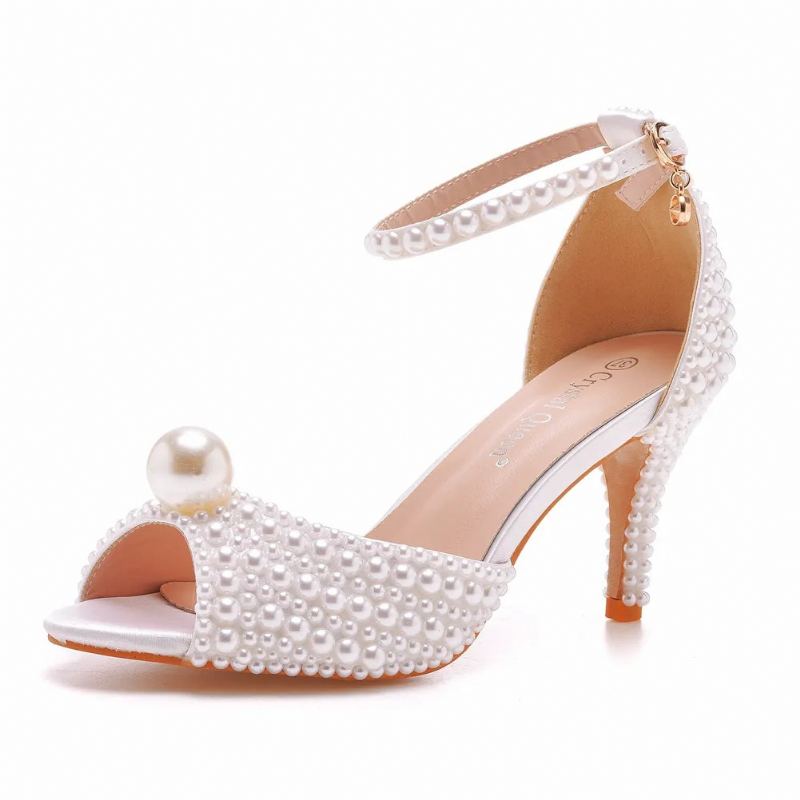 Sandales En Perles Blanches Pour Femmes Bout Ouvert Talons Hauts Chaussures De Mariage De Luxe Robe De Banquet - Blanc